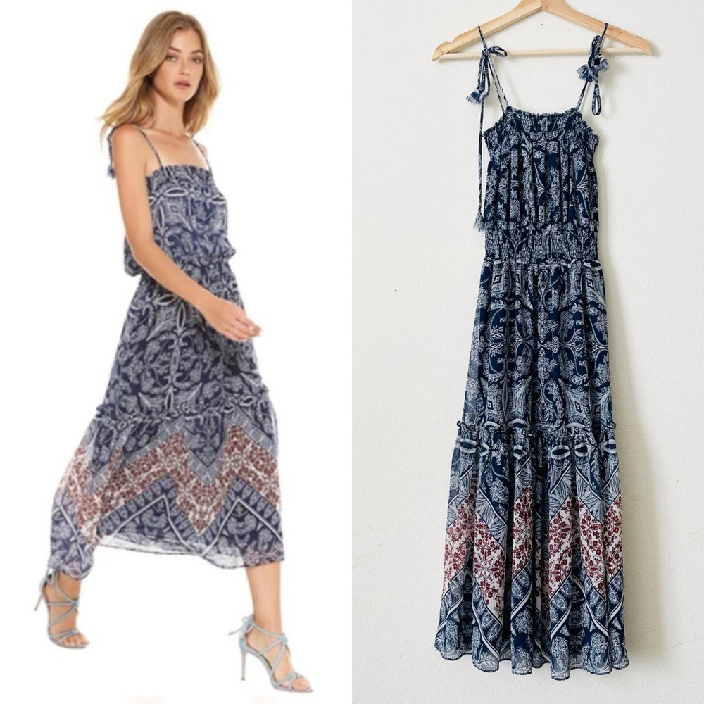 Misa Los Angeles Navy & White Paisley Print Midi Dress with Rust Accents